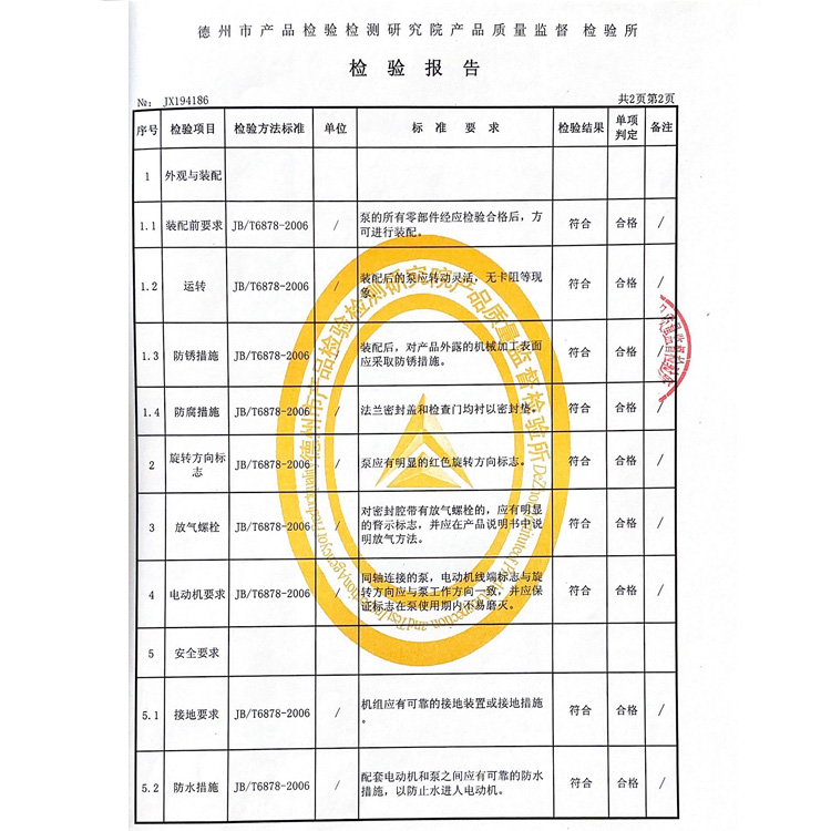 河北盛輝泵業(yè)有限公司管道離心泵檢驗報告